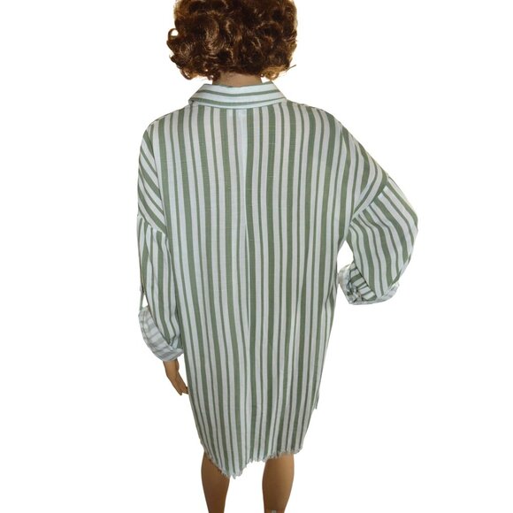 Umgee Green White Striped V Neck Roll Tab Sleeve Frayed Tunic Mini Dress Size L - Picture 3 of 6